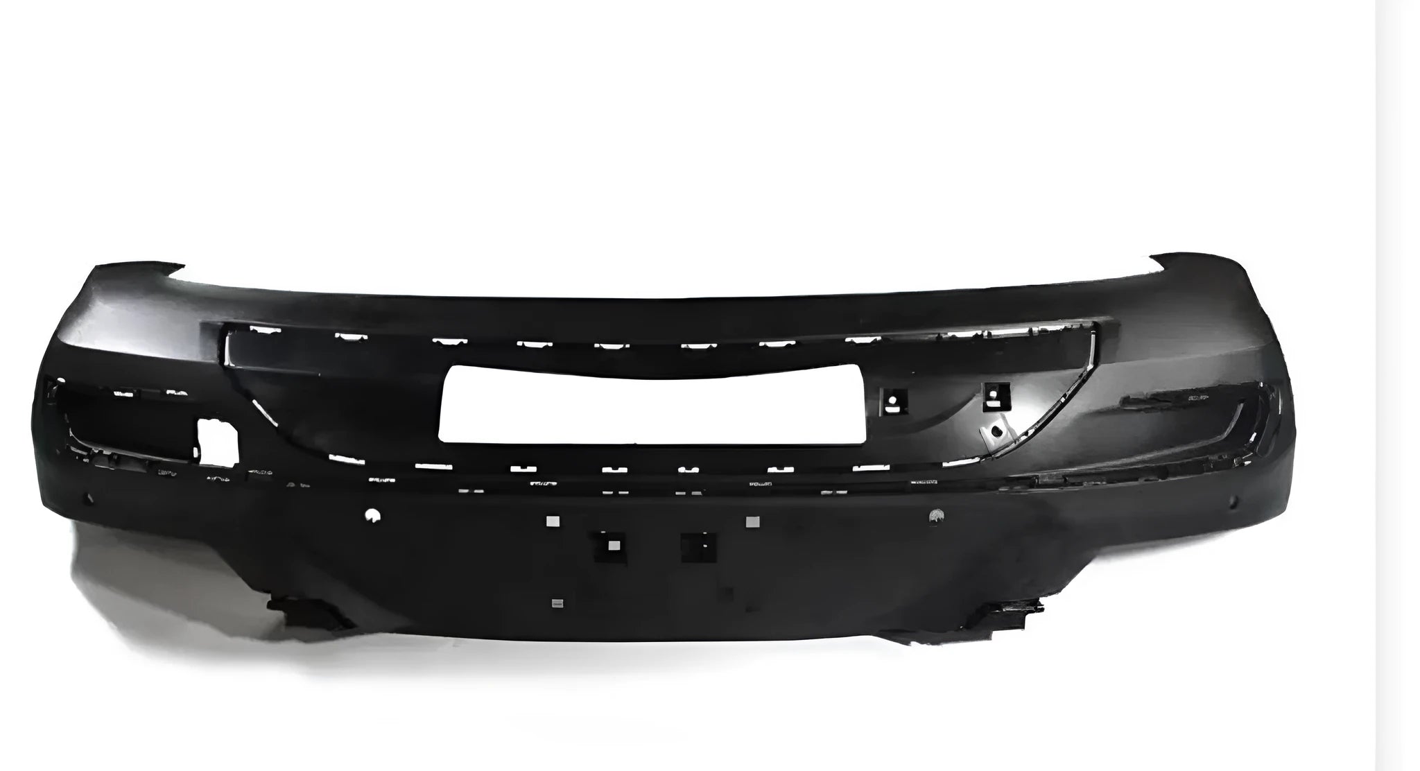 Black plastic automotive replacement bumper component for vehicle front or rear mounting