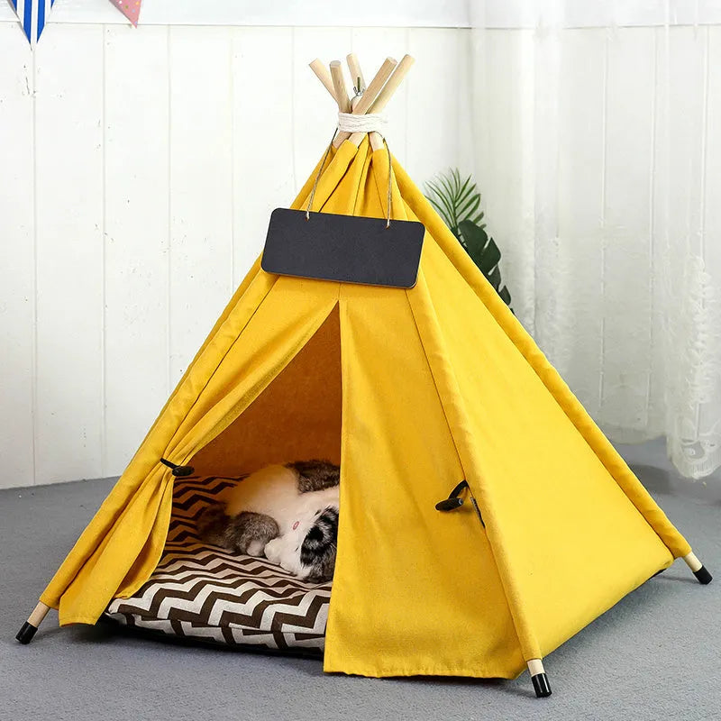 Striped flax linen pet teepee tent with cushion for small dogs or cats.