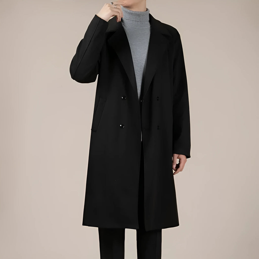 Men's mid-length corduroy linen trench coat in black or brown, loose fit, sizes M to 3XL, autumn winter daily wear