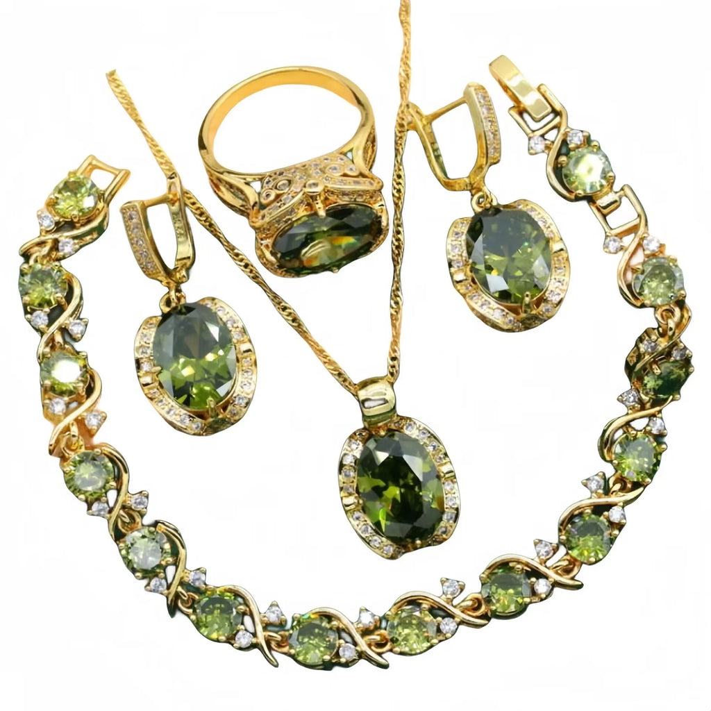 Women's rhinestone jewellery set with zircon inlay on copper with electroplated olive green or red finish