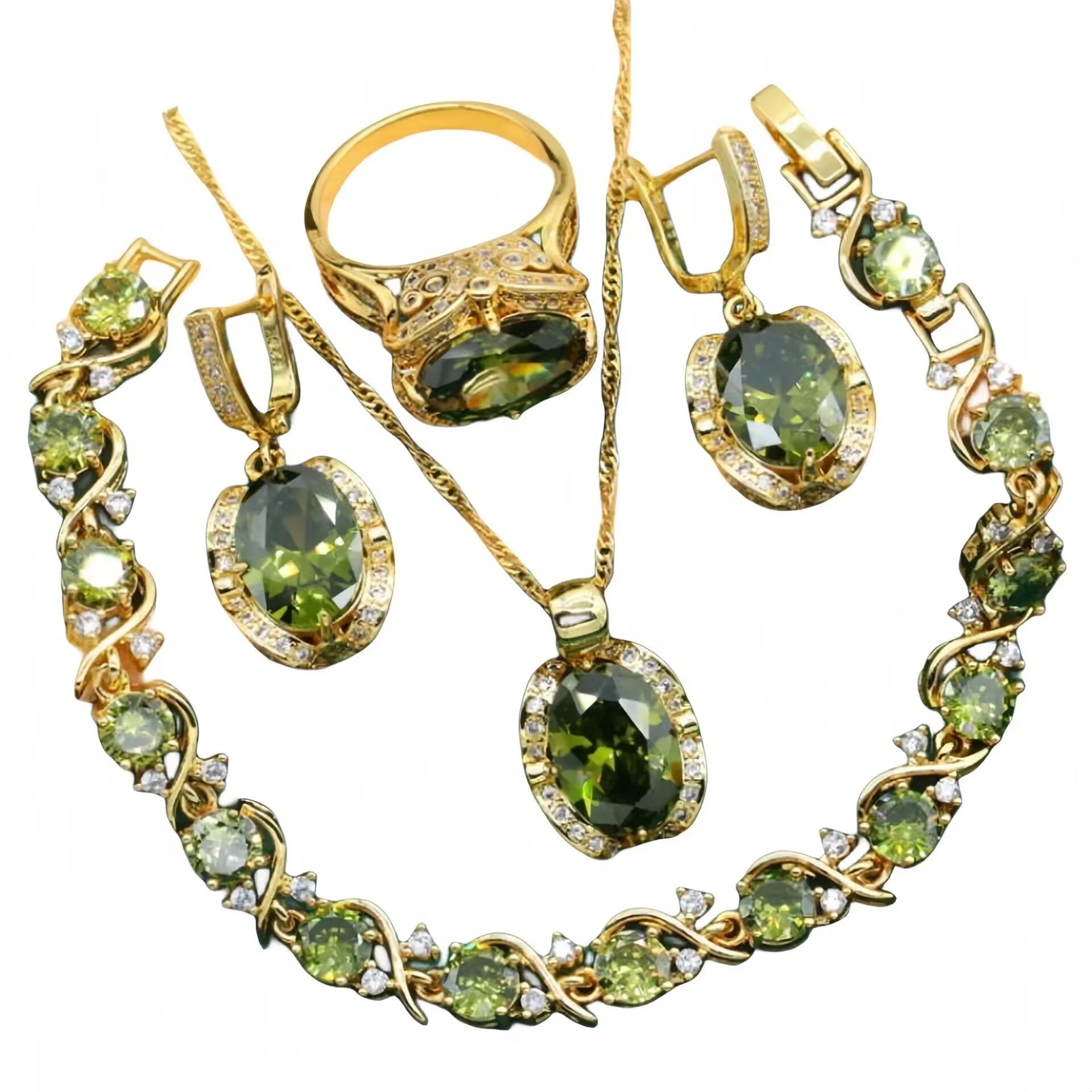Women's rhinestone jewellery set with zircon inlay on copper with electroplated olive green or red finish