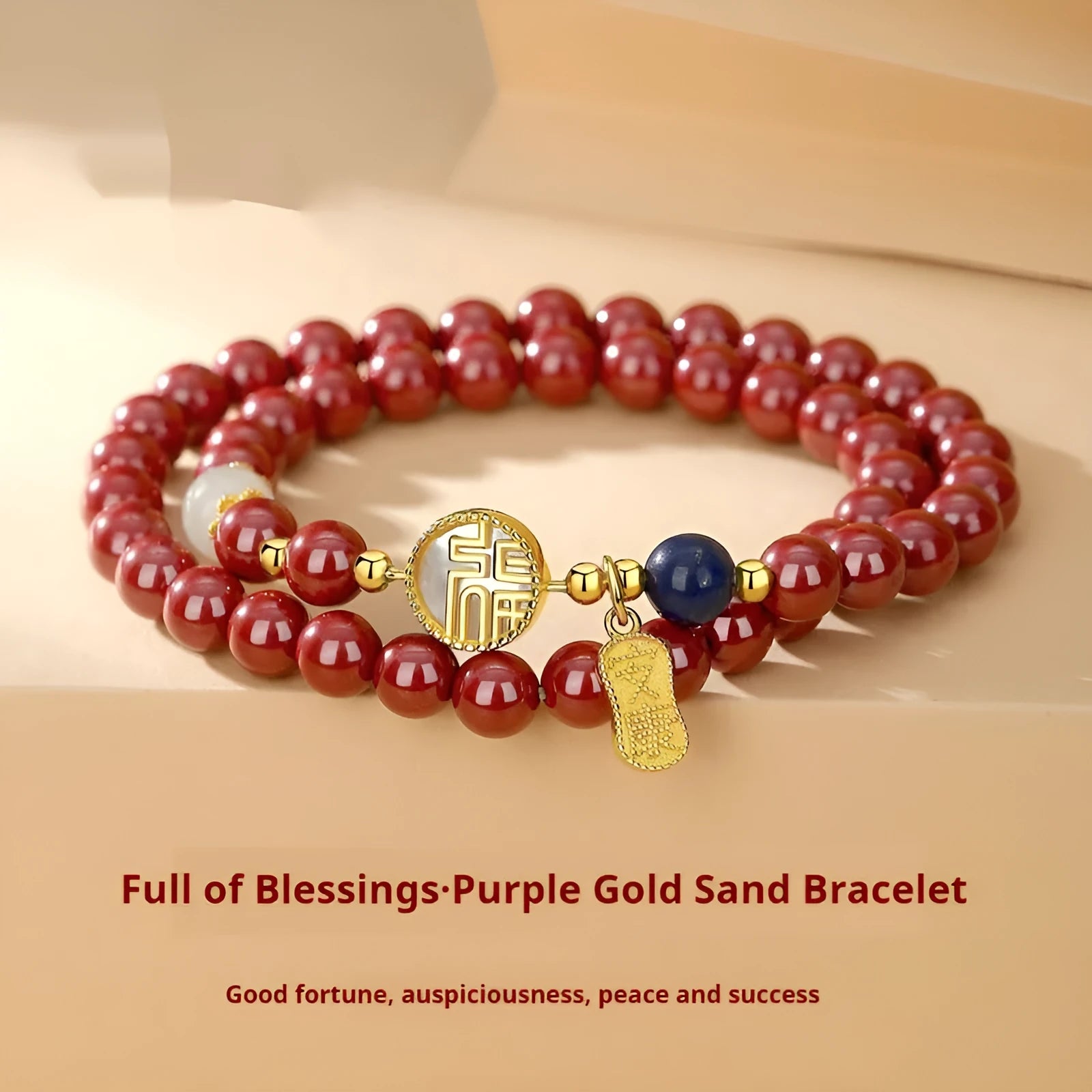 S925 sterling silver bracelet with Chinese blessing charms, cinnabar red and white shell accents on purple gold sandstone.
