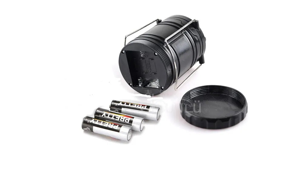 Black battery COB camping tent light with incandescent lamp and 3V power.