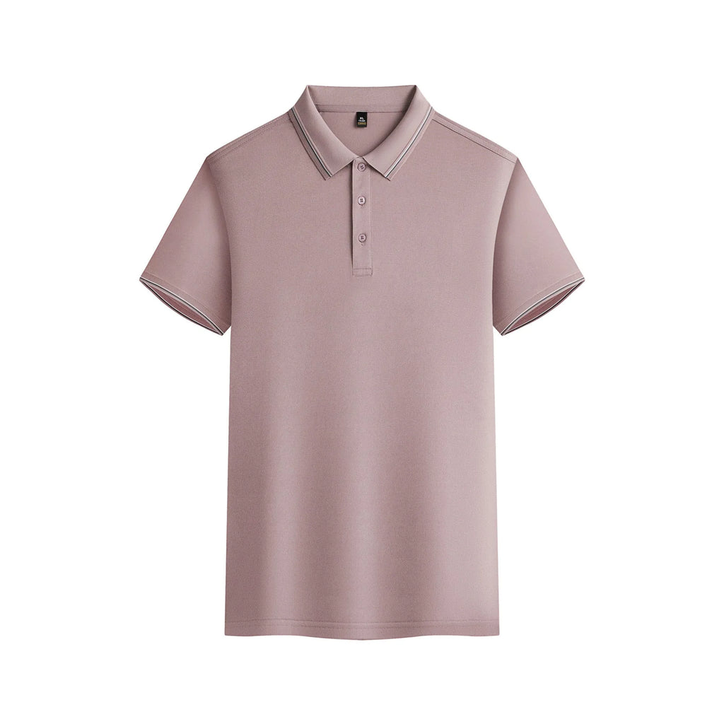 Men's solid colour short-sleeved polo shirt on a hanger, showing navy blue and bean green colour options.