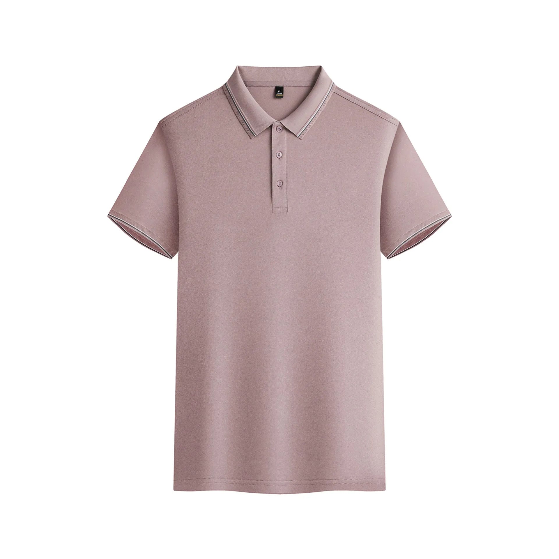 Men's solid colour short-sleeved polo shirt on a hanger, showing navy blue and bean green colour options.
