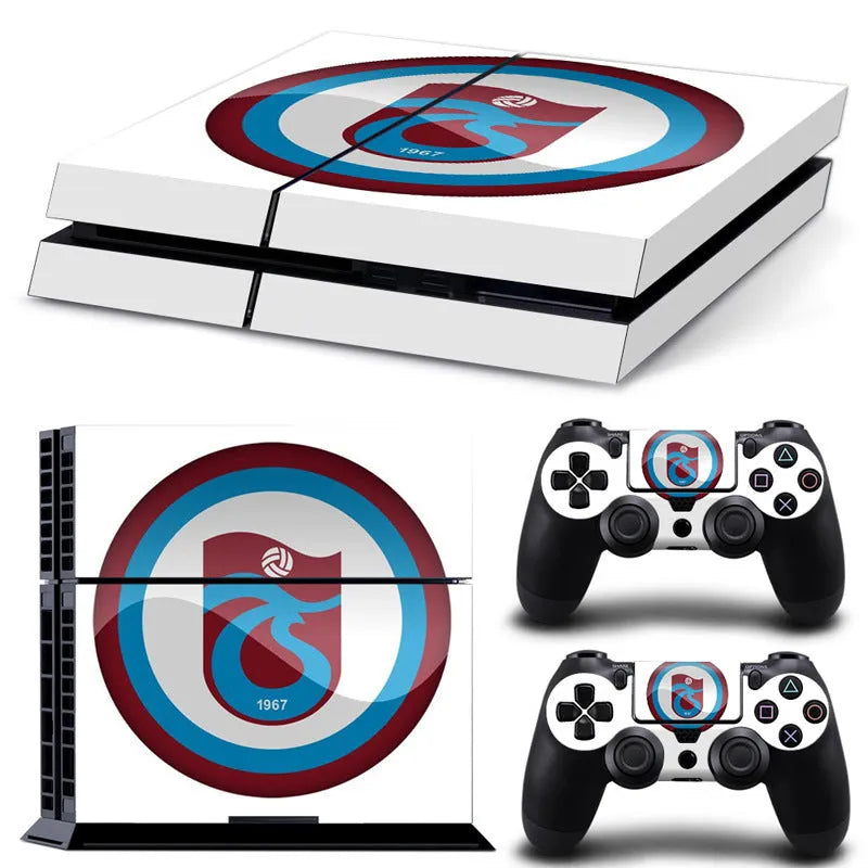 PS4 game console protective film on a console, showing ultra-thin PVC material and high-definition style options.