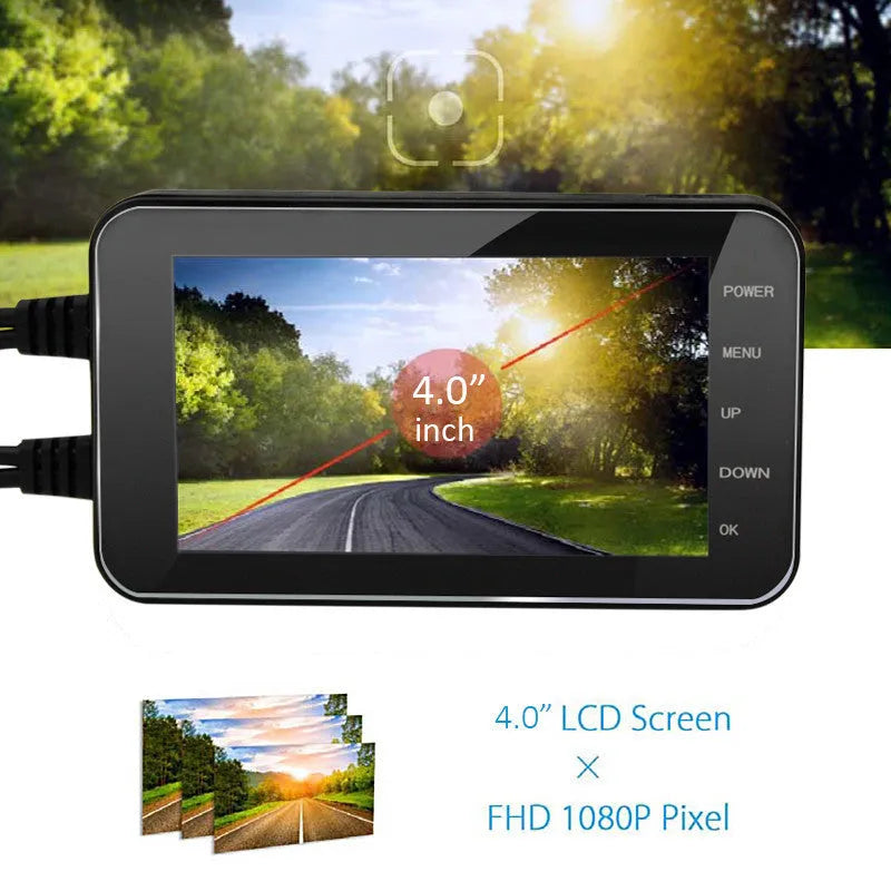Waterproof motorcycle recorder with 140-degree wide angle lens and 4-inch LCD display mounted on handlebars