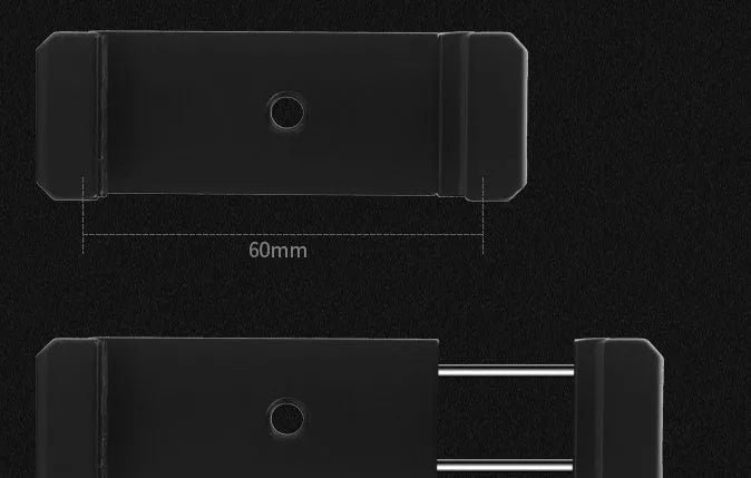 Silver aluminium alloy phone bracket for iPhone shown in clip and tripod style next to a mobile phone.