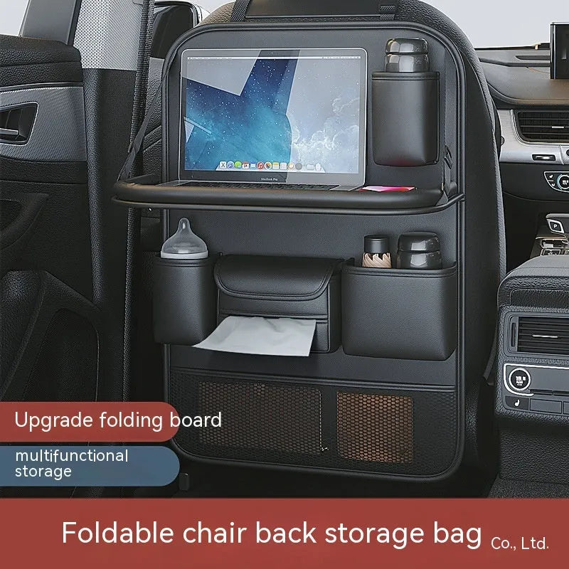 Leather car seat storage bag with foldable dining table in obsidian black colour