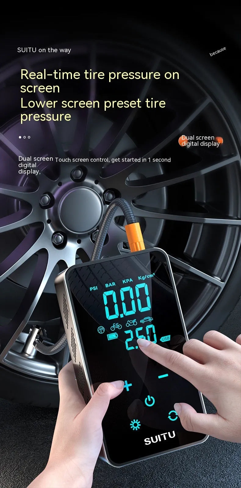 ST-9616C wireless portable tyre inflator pump with LCD screen on black ABS body