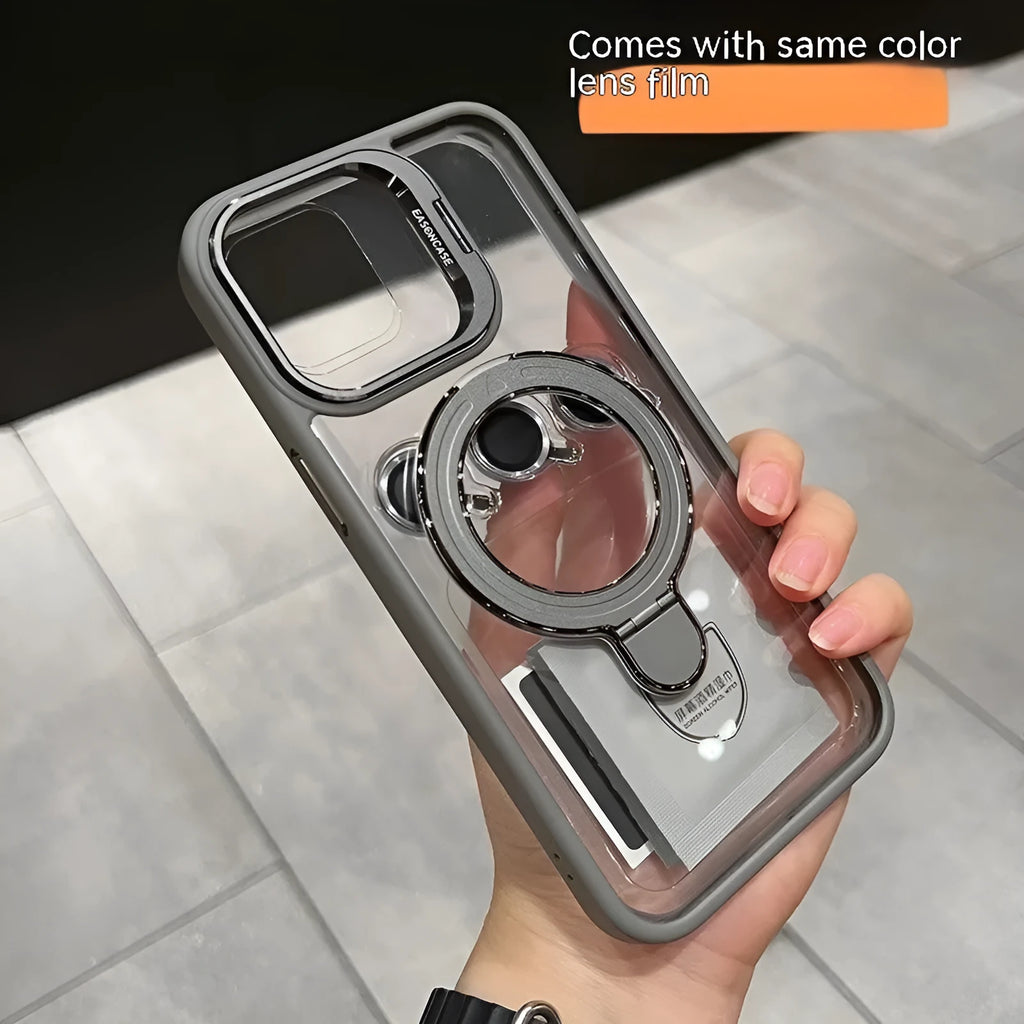 Black magnetic silicone phone case with lens cover bracket for iPhone showing invisible bracket propped up