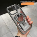 Black magnetic silicone phone case with lens cover bracket for iPhone showing invisible bracket propped up