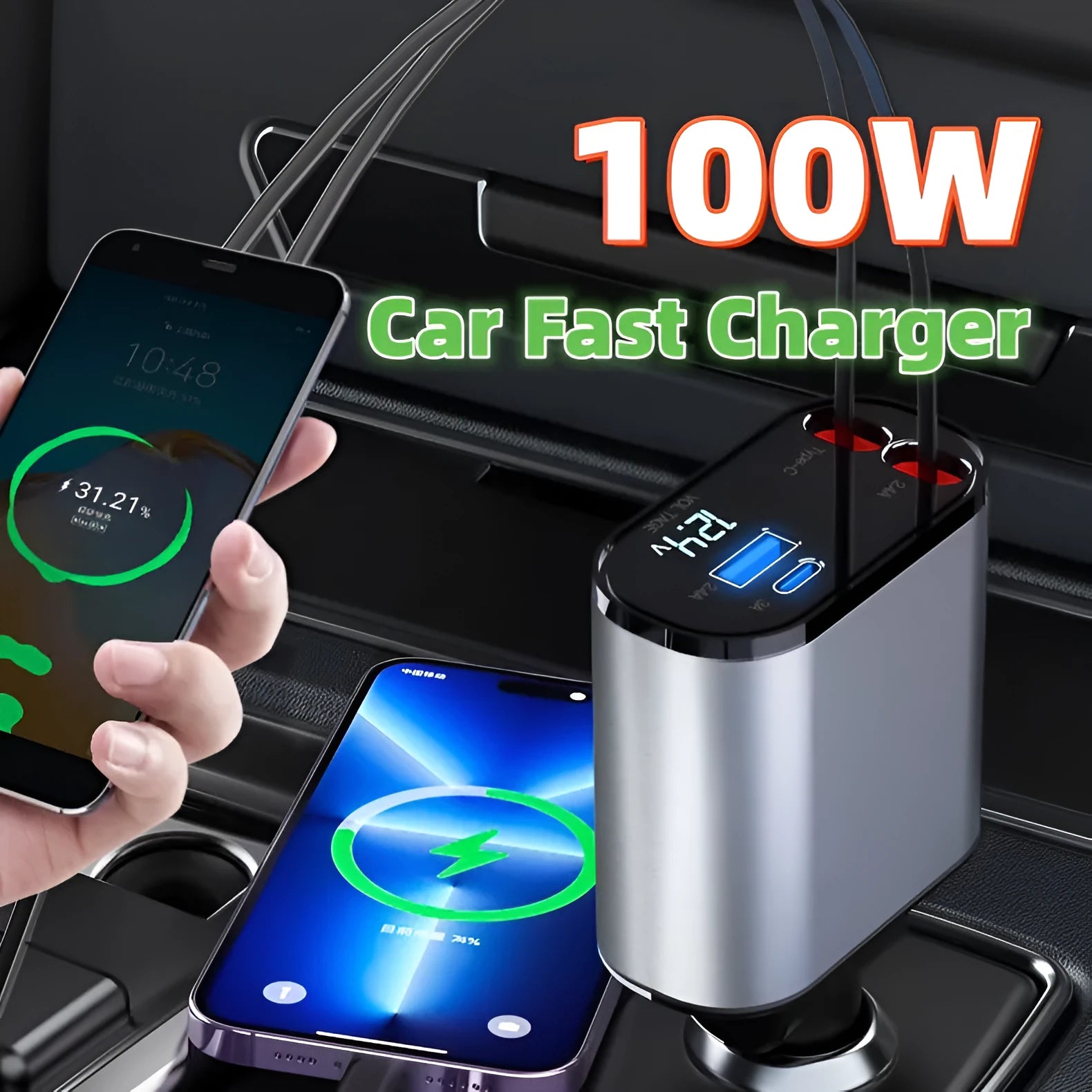 Metal car charger with retractable cable and adjustable head, USB and Type-C ports, 100W fast charging