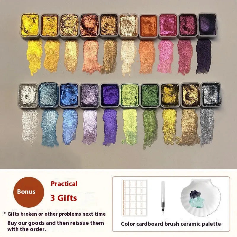 Traditional Chinese painting watercolour set showing 24 mineral pearlescent tubes including red and white gold colours