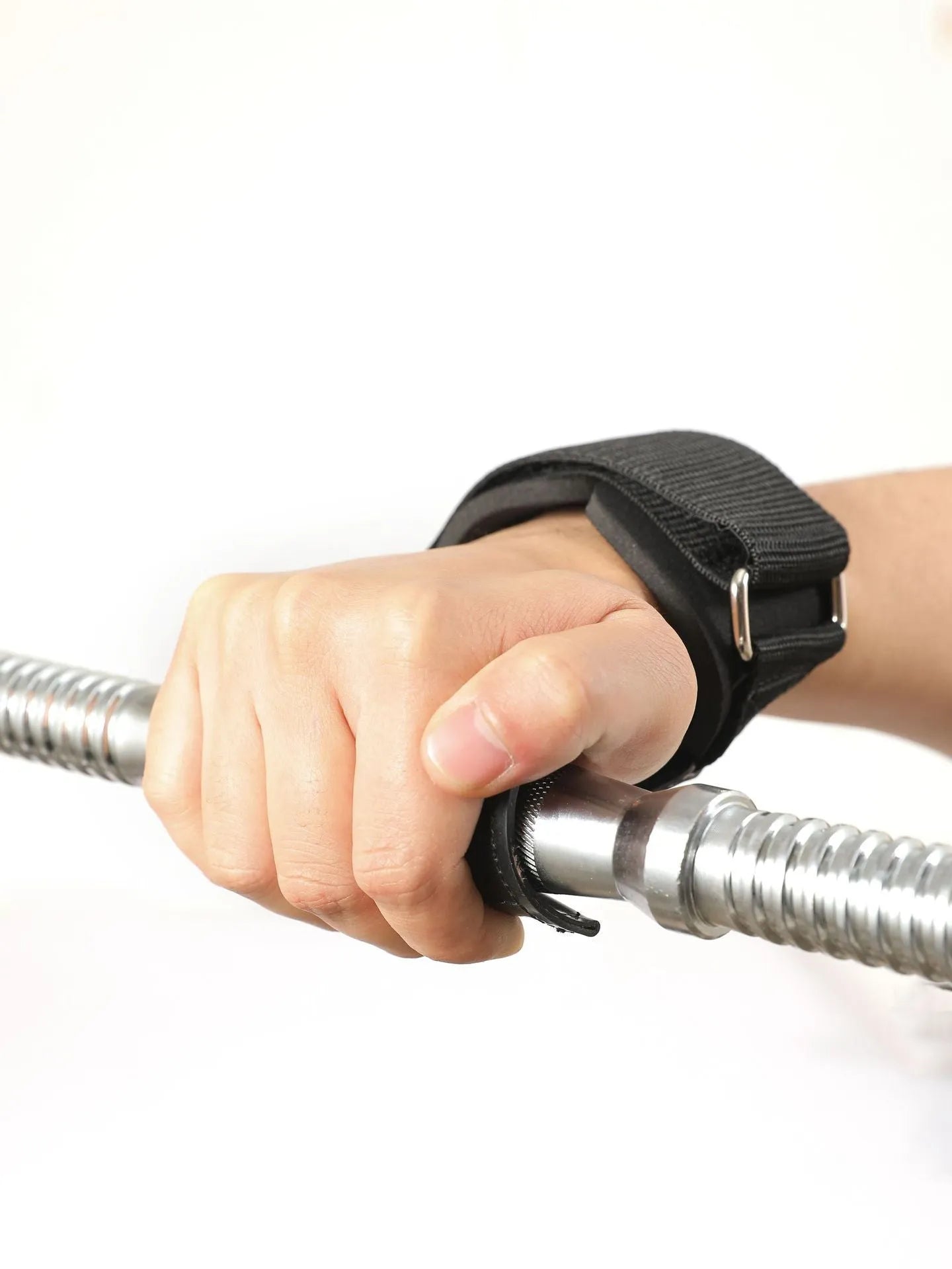 Black rubber weightlifting palm protector belt for non-slip grip during barbell and rock climbing.
