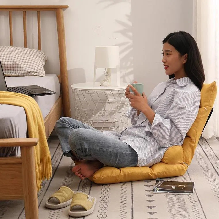 Lazy sofa floor chair with adjustable backrest in beige fabric for living room or balcony modern tatami style