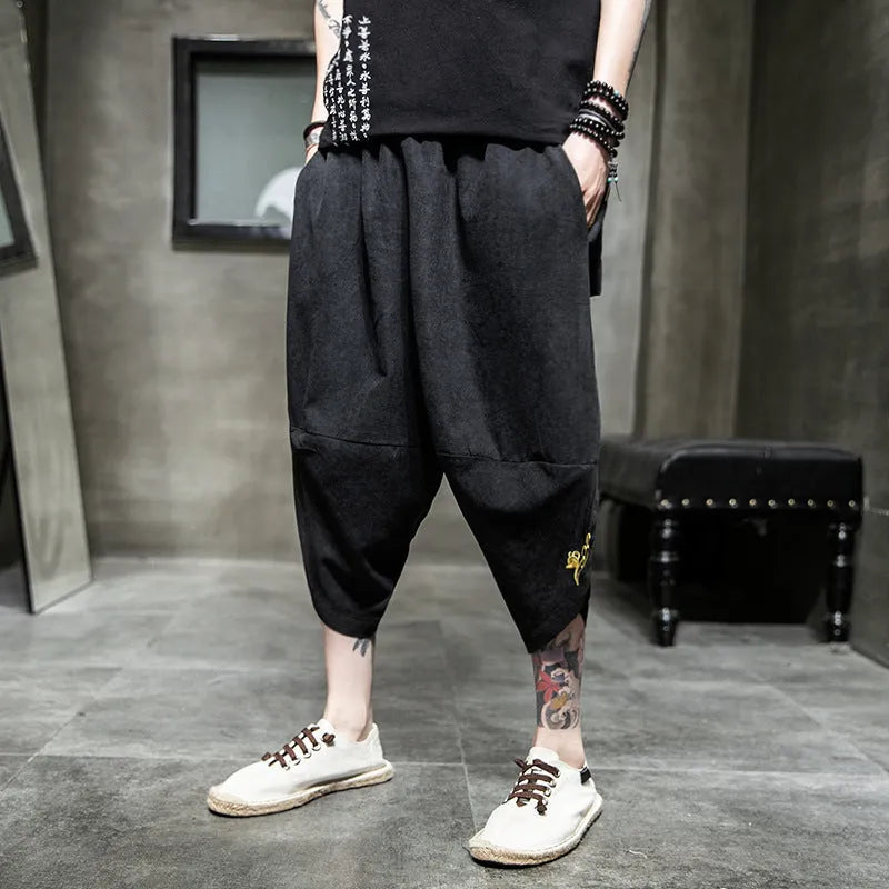 Ice silk harem casual pants for women, loose cropped style, black polyester fibre