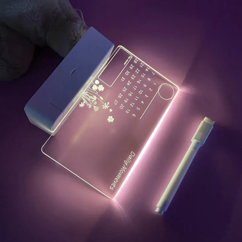 Acrylic bedside message writing board night light with LED calendar light sheet and pen on square base