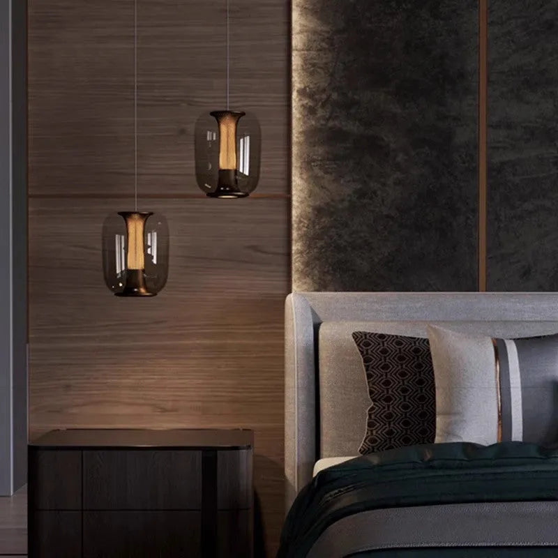 Minimalist geometric glass chandelier ceiling light in smoky grey, cognac, or clear colour.