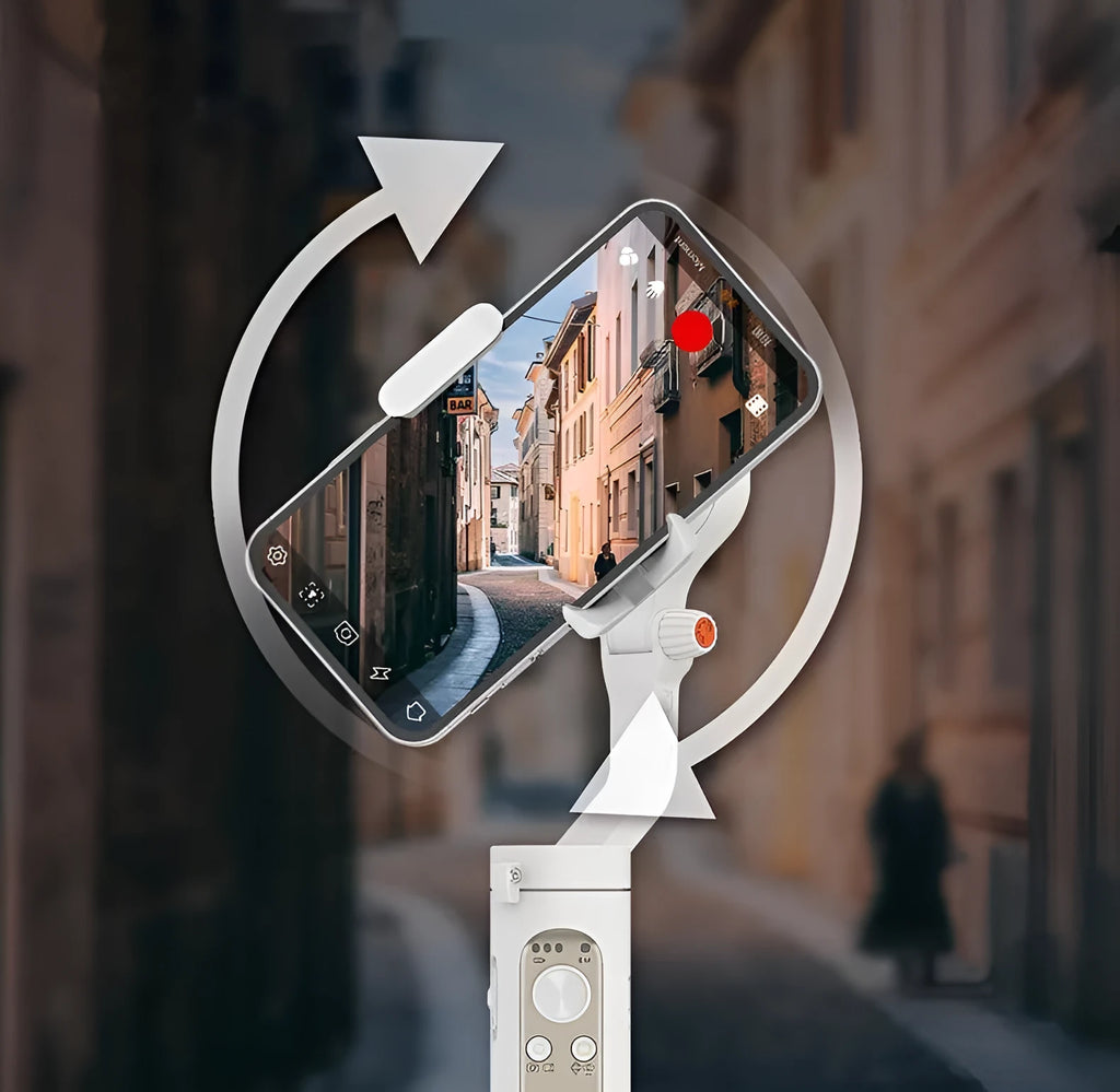 Black or white 3-axis phone stabiliser shown folded to its compact size.