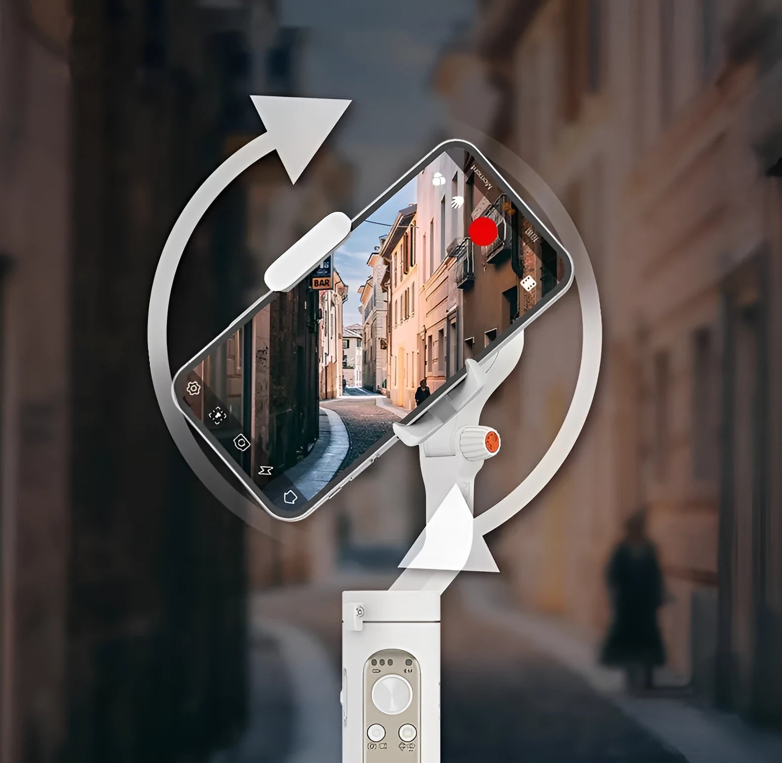 Black or white 3-axis phone stabiliser shown folded to its compact size.