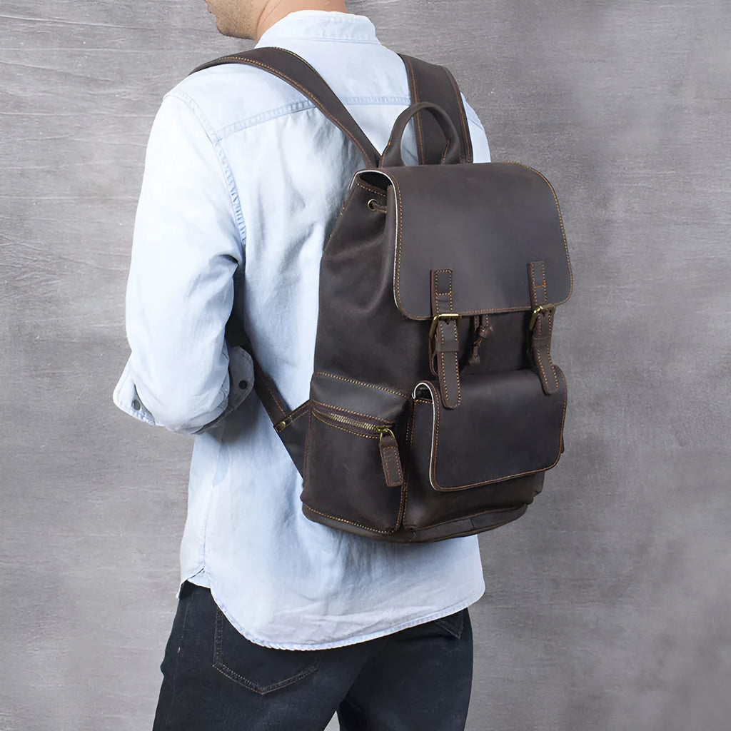Retro crazy horse leather backpack in brown with denim lining and double shoulder straps
