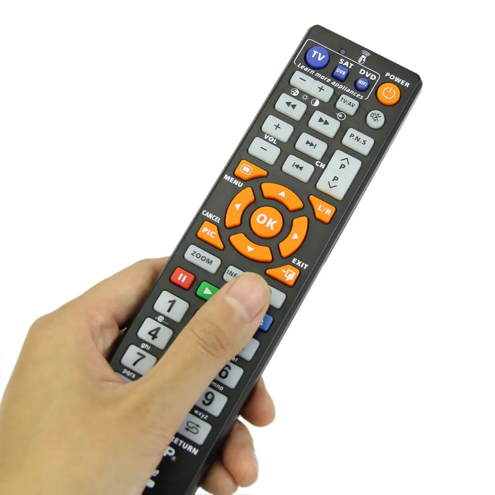 Black L336 learning remote control with button layout for universal device programming