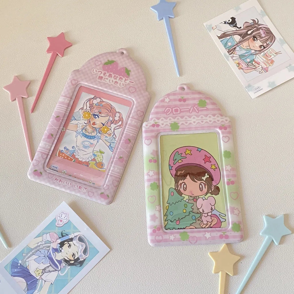 Cartoon strawberry and four-leaf clover design PVC card holders for 3-inch cards.