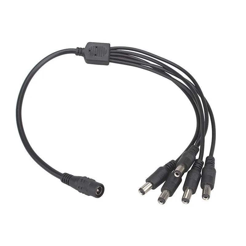 Black DC 1-in-4 power splitter cable with 5.5mm connectors for CCTV cameras
