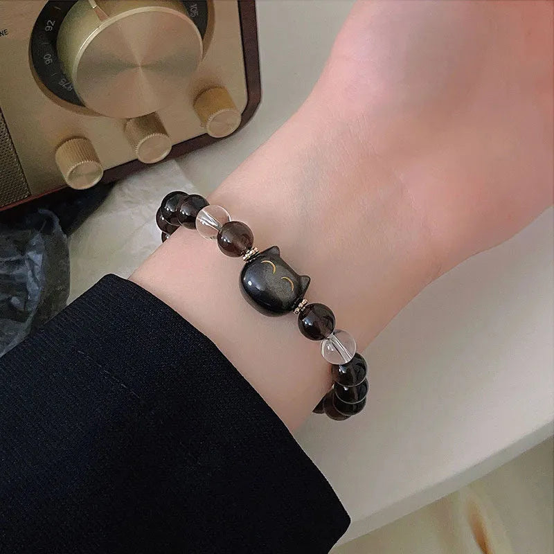 Women's natural silver stone cat head bracelet with 8mm ice stone opal centrepiece