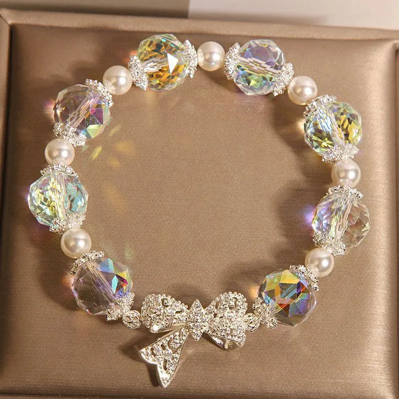 White crystal bracelet with Austrian white crystal diamond long bow and snowflake design for women