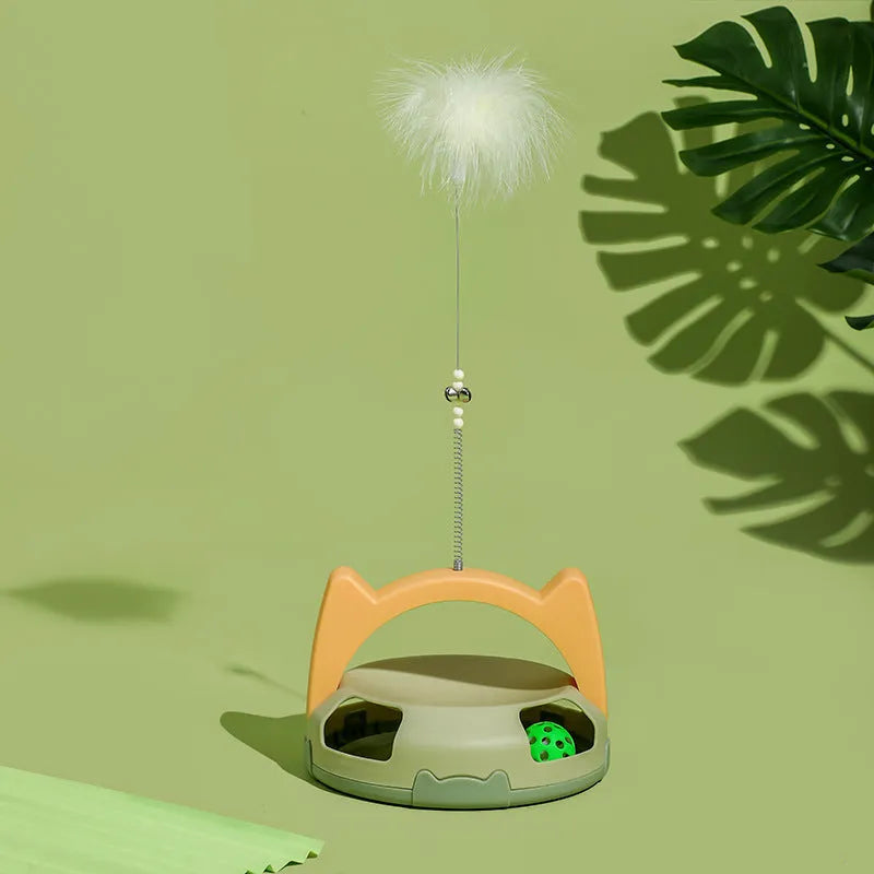 Bite resistant cat stick toy with a coloured spinning ball for interactive indoor play.