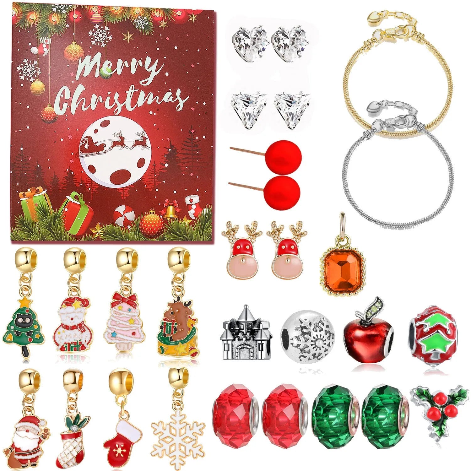 Christmas bead string jewelry gift box with electroplated alloy finish, cartoon style, multiple colour options displayed