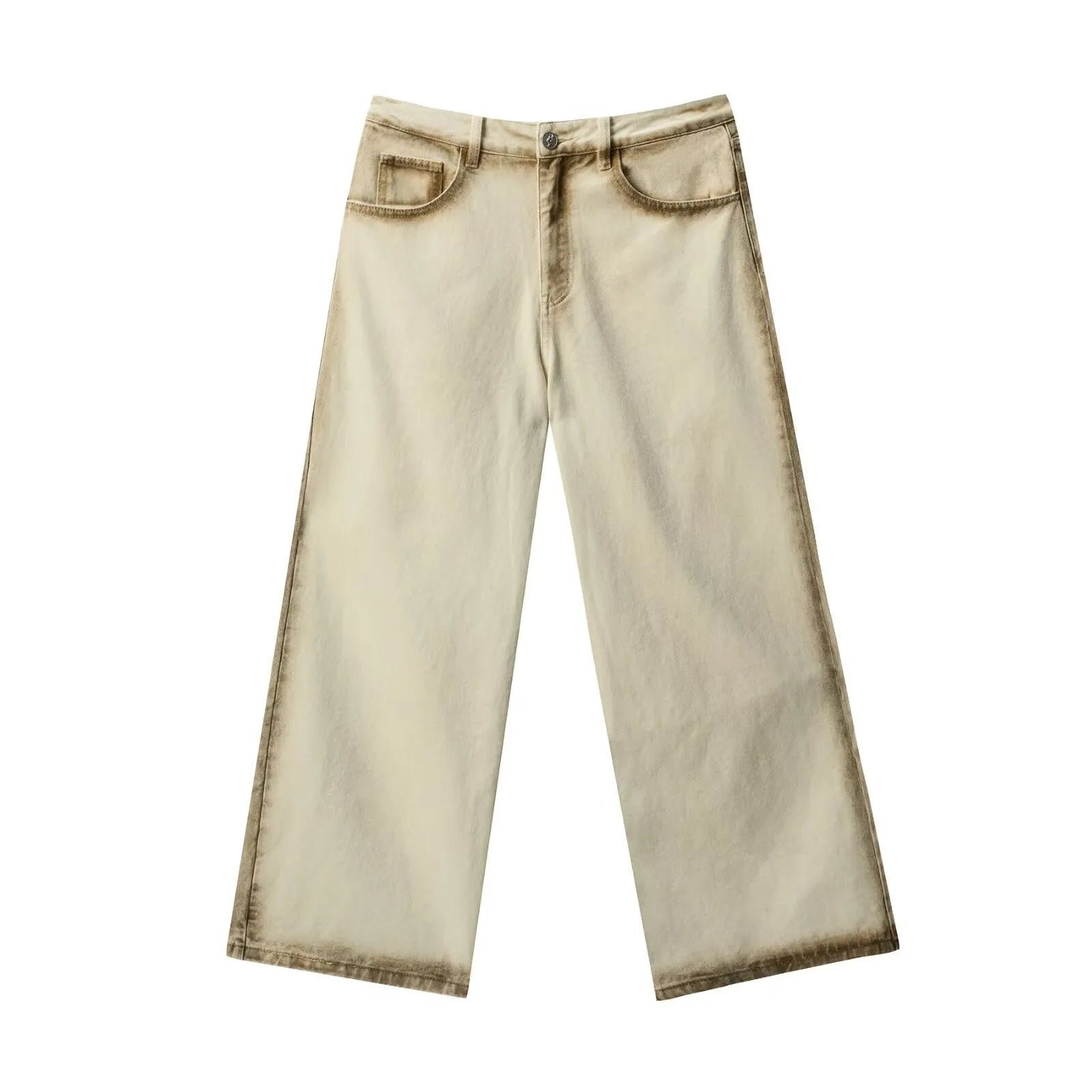 Loose straight retro street floor-length pants in beige cotton with wrinkle-free treatment, mid-rise waist, and loose leg