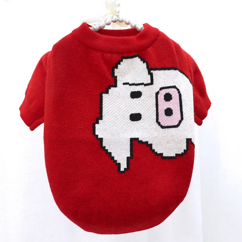 Cartoon print wool dog sweater for small medium dogs in rabbit, pig, strawberry and floral designs.
