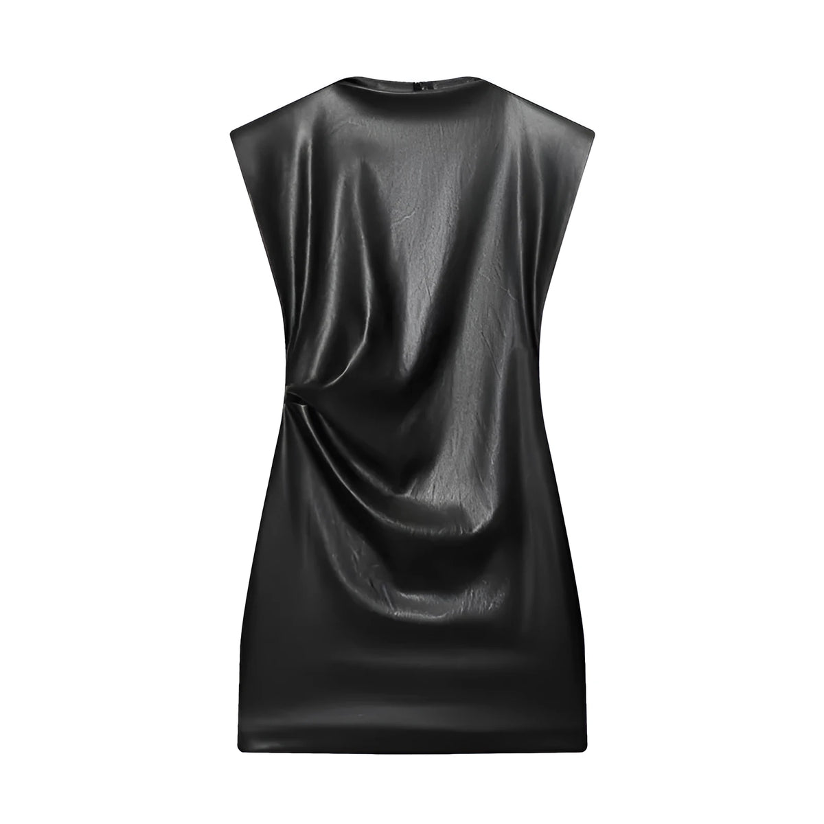 Black faux leather padded shoulder hooded short dress with long sleeves, mid waist and asymmetric pleated skirt
