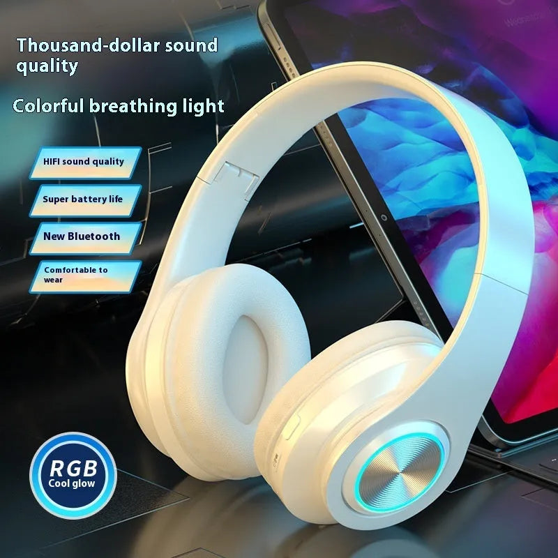 Wireless Bluetooth gaming headset in black with head-mounted design and breathing light effects