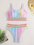 Women's striped bikini top and briefs set in a European and American style on a mannequin.