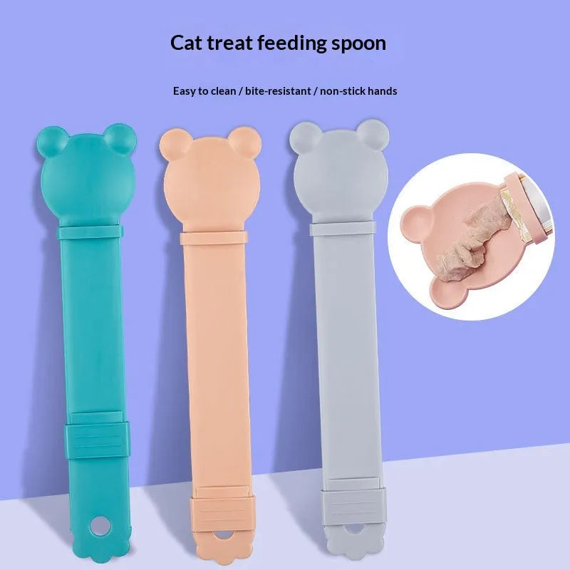 Plastic cat stick spoon feeder squeezer with bear head design in blue, pink or grey for cat paste treats