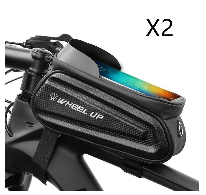 Black and grey EVA bicycle phone bag with reflective strip mounted on a bike frame tube