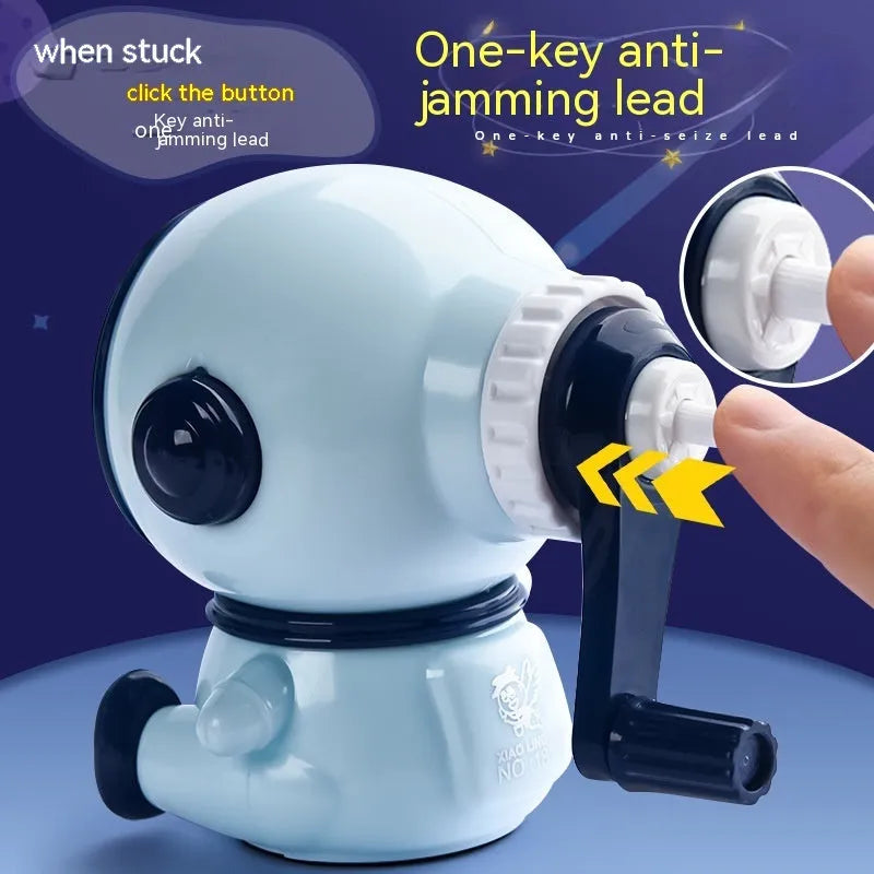 Blue cartoon astronaut manual pencil sharpener with anti-lead feature and adjustable levels