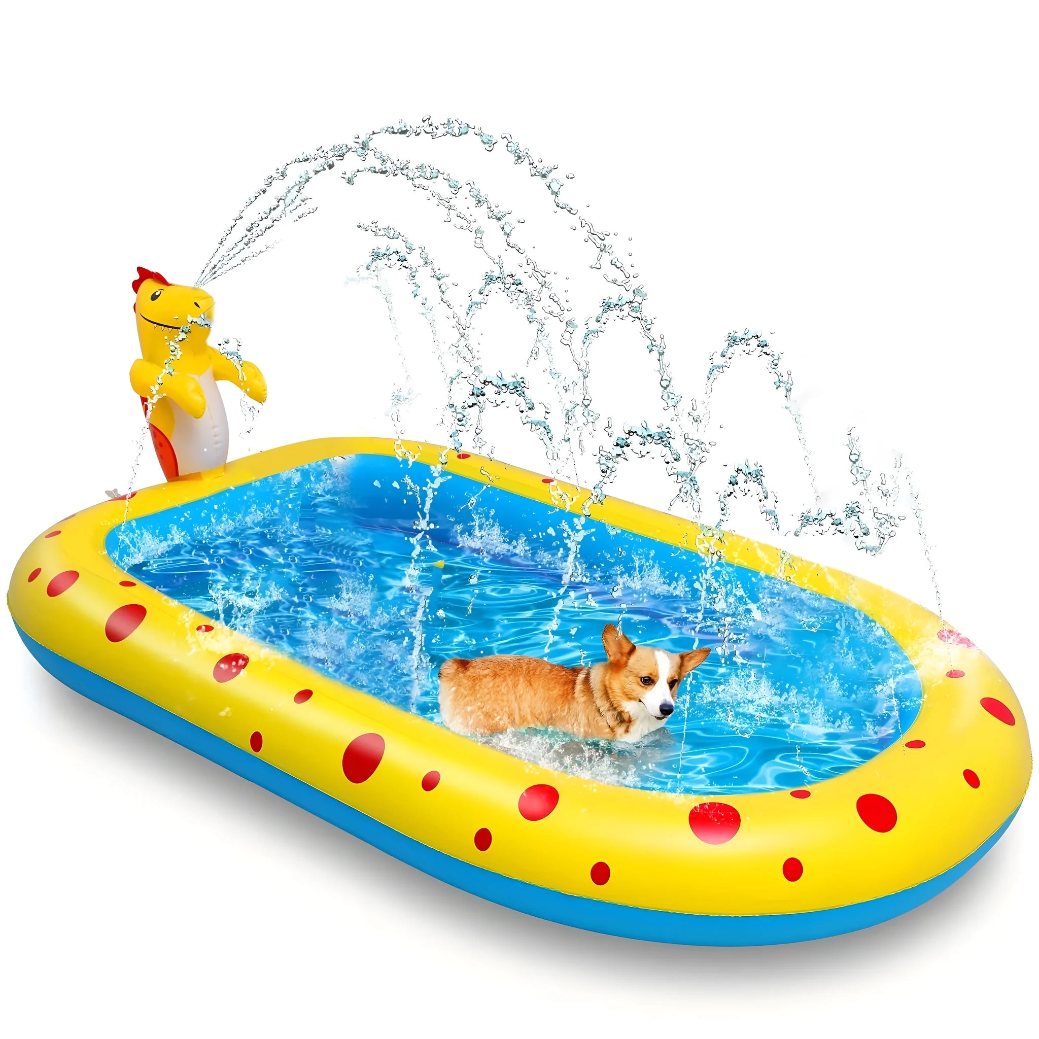 Blue inflatable dinosaur shark shaped water play pool for children in garden