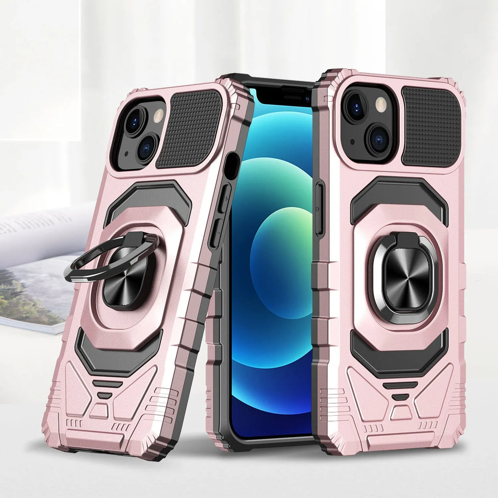 Magnetic ring car phone case with 2-in-1 TPU PC shockproof design for iPhone in graphite black