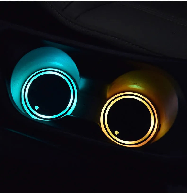 Colourful LED light-up car cup holder coaster showing seven colours, USB cable, and 68mm diameter non-slip surface.