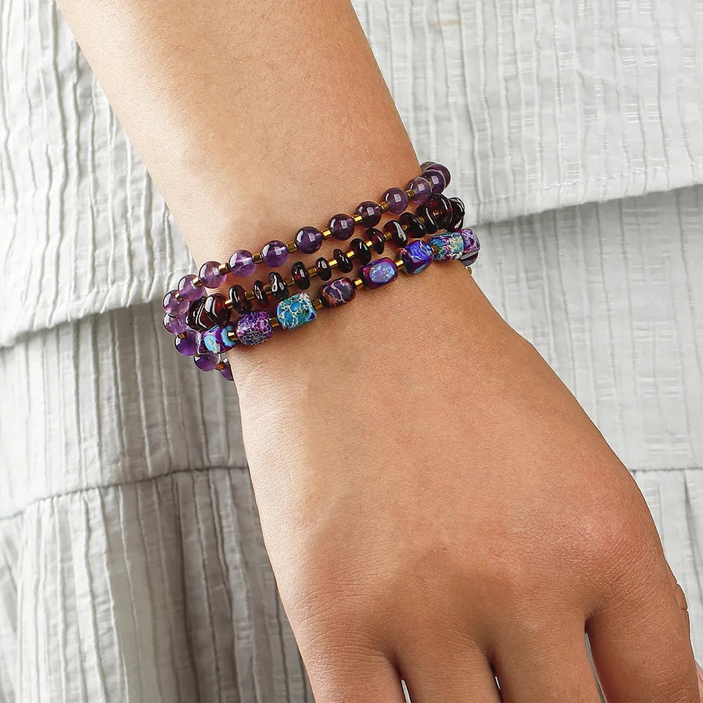 Purple amethyst and garnet geometric round beads stone bracelet with manual processing