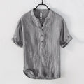 Men's linen pullover top with short sleeves in white, khaki and grey solid colours showing retro casual design