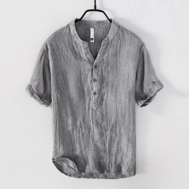 Men's linen pullover top with short sleeves in white, khaki and grey solid colours showing retro casual design