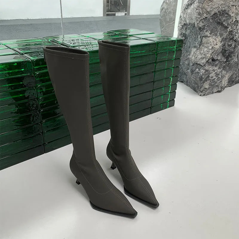 Women’s black pointed toe below the knee boots with 5cm heel and back zipper