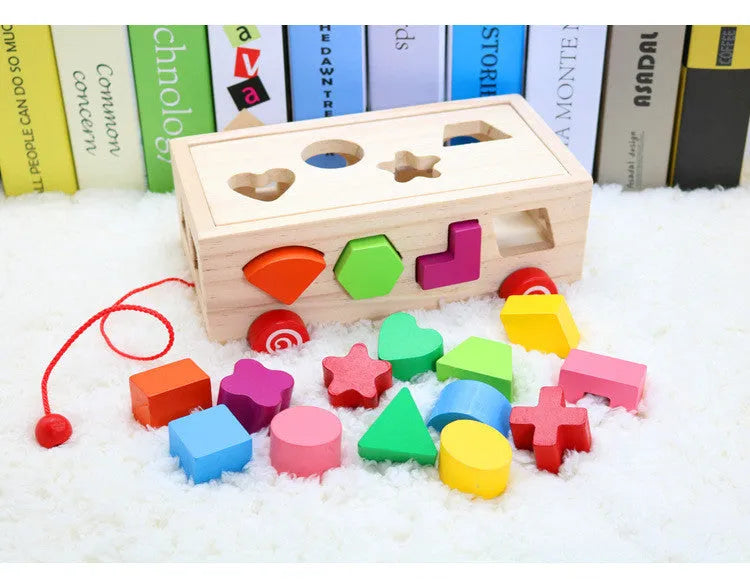 Wooden shape matching building blocks in pine wood with water-based paint, supplied in a sixteen hole intellectual box for children over 1 year old.