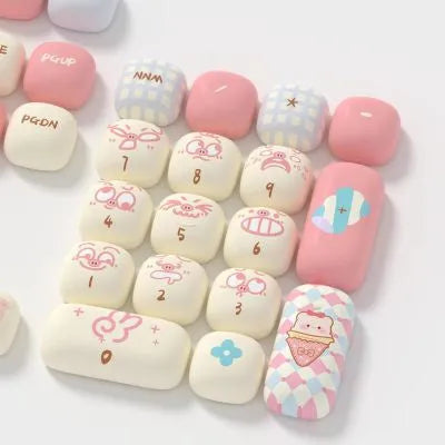 Full set of colourful cartoon-themed keycaps for a mechanical keyboard with sublimation printed pig design.